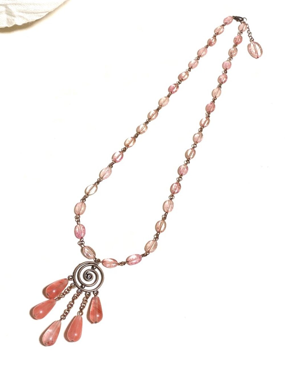 Bohemian Cherry Quartz Long Tassel Necklace & Antique Copper Spiral Pendant
